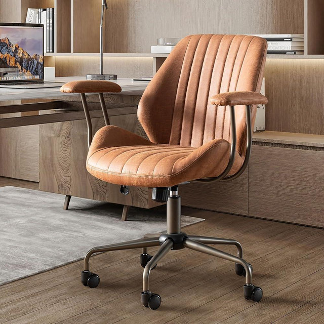 Mid Back Office Chair Mid Century Modern Executive Chair,Lumbar Support Ergonomic Home Office Desk Chair,Rolling Swivel Task Chair Task Chair Armrests Height Adjustable,350lbs (Brown)