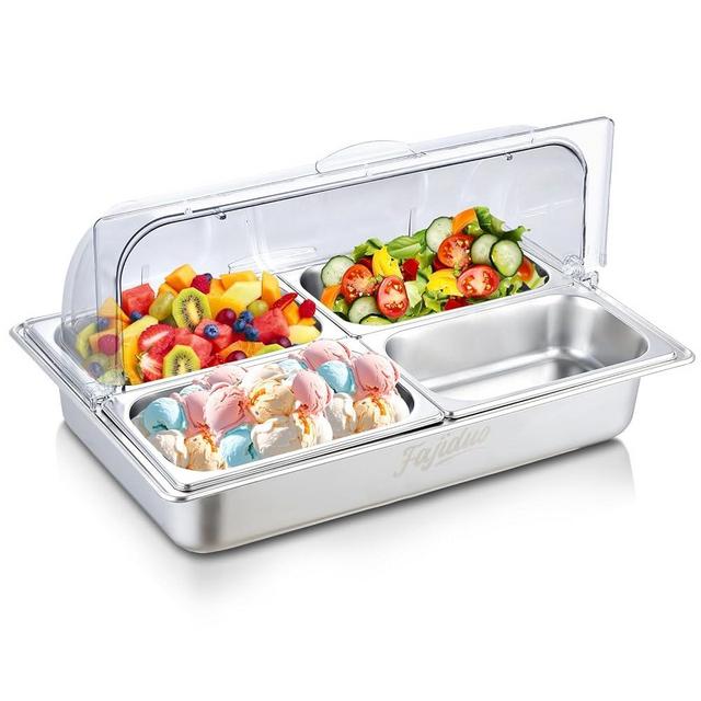 Fajiduo Countertop Ice Serving Display Container, Stainless Steel Food Serving Tray Buffet Condiment Dispenser, Spice Food Display Salad Dressing Cooler with Clear Roll Top Cover