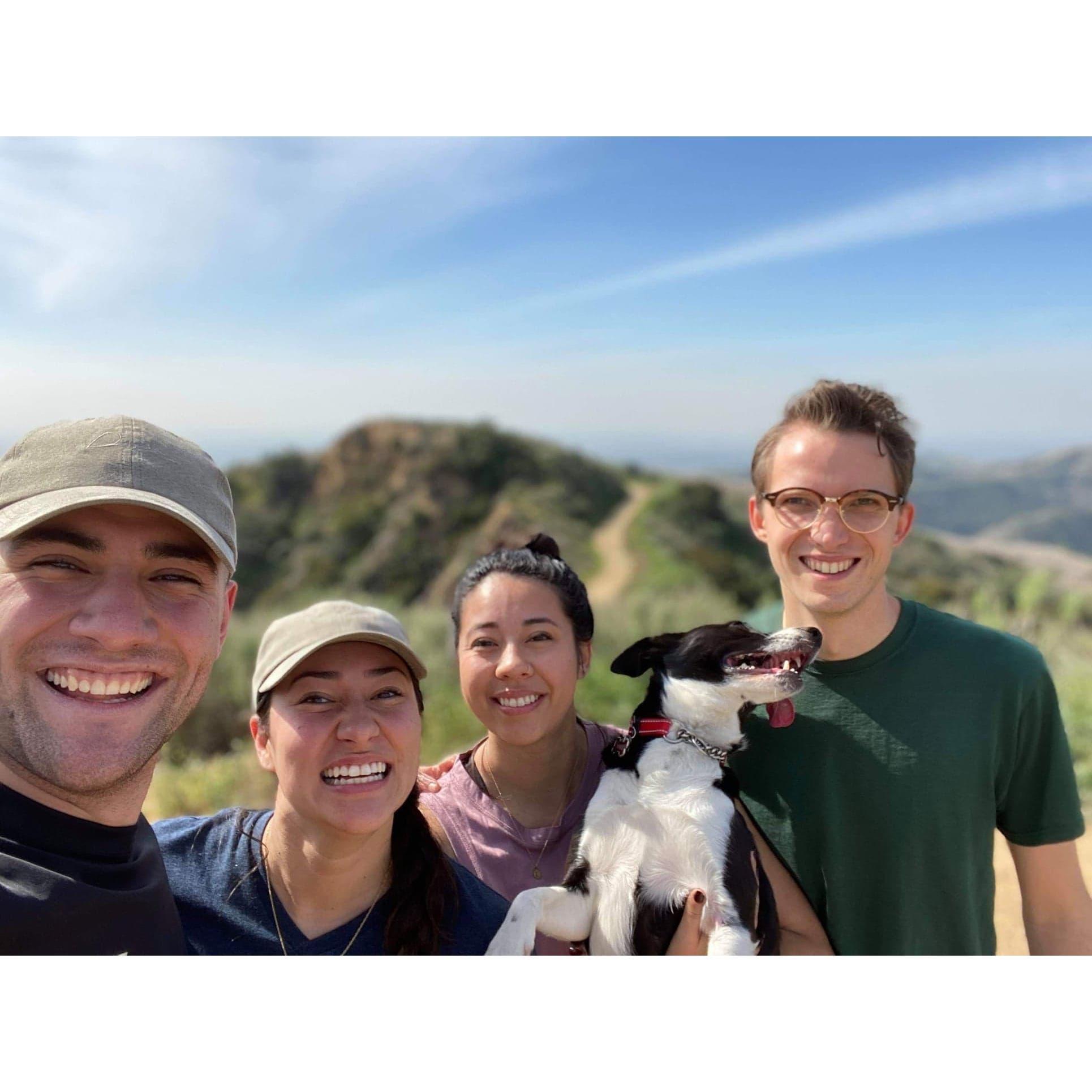 Keila visited Jess and Jess's sister and brother-in-law (Sarah and Tim) in California. K and J are wearing matching hats- the first gift Keila ever bought them.