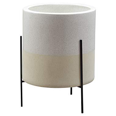Rivet Mid-Century Modern Ceramic Indoor Outdoor Planter Flower Pot with Iron Stand - 19 Inch, White