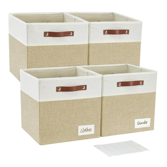 Bagnizer Collapsible Fabric Storage Cube Bins with 2 Reinforced PU Handles, Foldable Storage Organizer Baskets for Closet, Shelves, Living Room | 11"x11"x11", 4 Pack, Beige & White