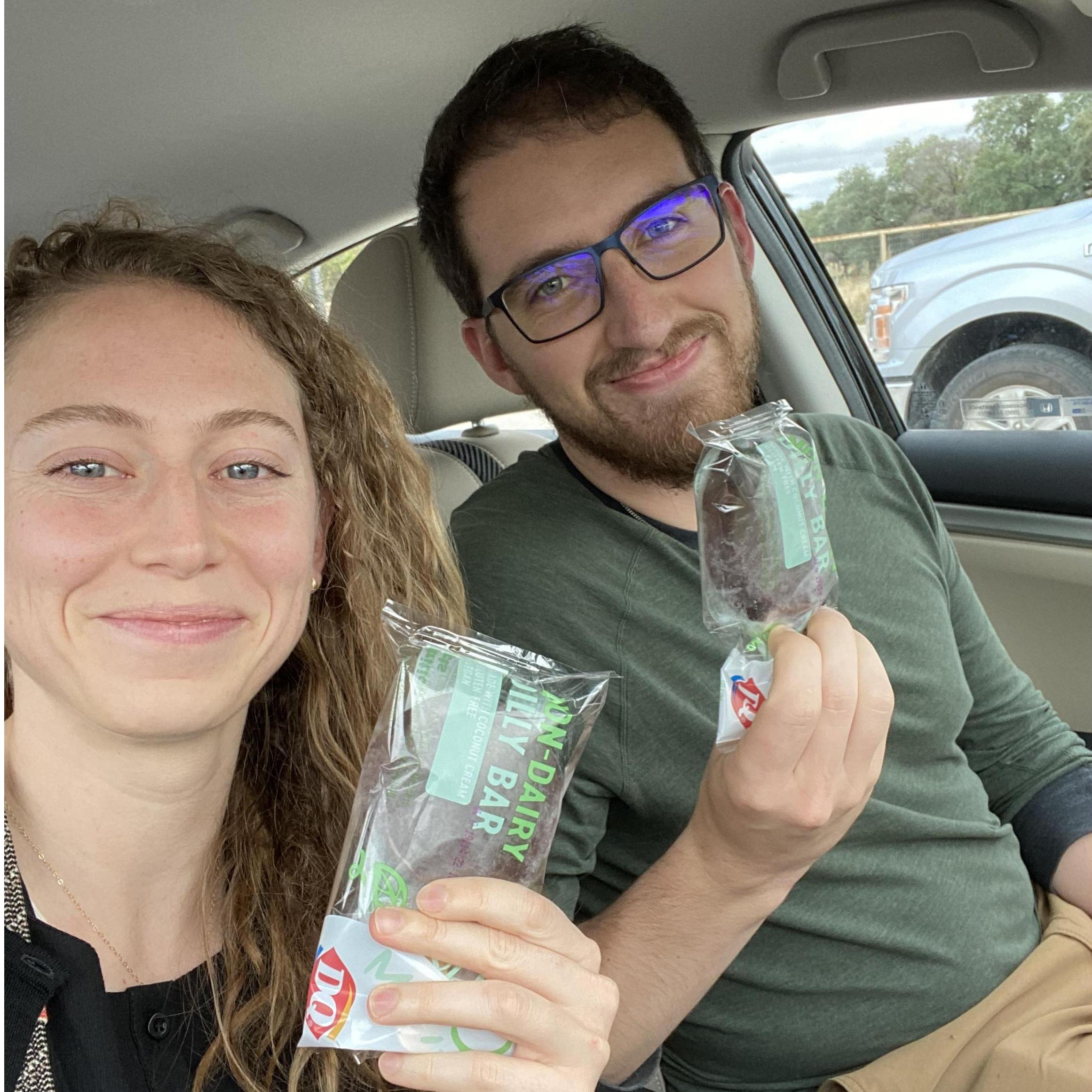 One of our favorite treats is the "dairy-free dilly bar" from DQ. We sometimes stop to get one on our drive from Waco to Katie's hometown, Graham.