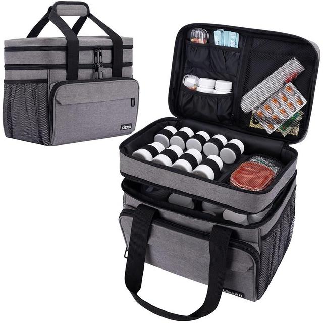 LIZSEN Large Medicine Storage Bag, Double Layer Pill Bottle Organizer Storage Bag with Lockable Zipper, Medication Travel Bag Carrying Case for Men Women