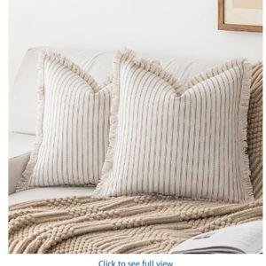 YEENAASY Throw Pillow Covers 18x18 Set of 2 Striped Fringe Pillow Cover Farmhouse Cushion Covers with Tassel Neutral Boho Pillows Decorative Square Pillowcase for Couch Sofa Bed, Khaki