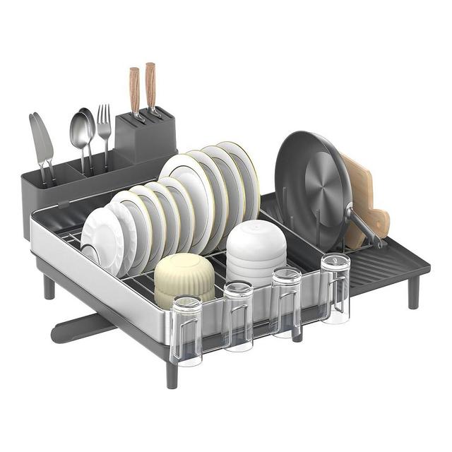SONGMICS Large Dish Drying Rack, Expandable Dish Dryer for Kitchen Counter, Stainless Steel Dish Rack with Rotatable Spout, Utensil, Cup, Glass, Cutting Board, Pan Holders, Silver and Gray UKCS037G01