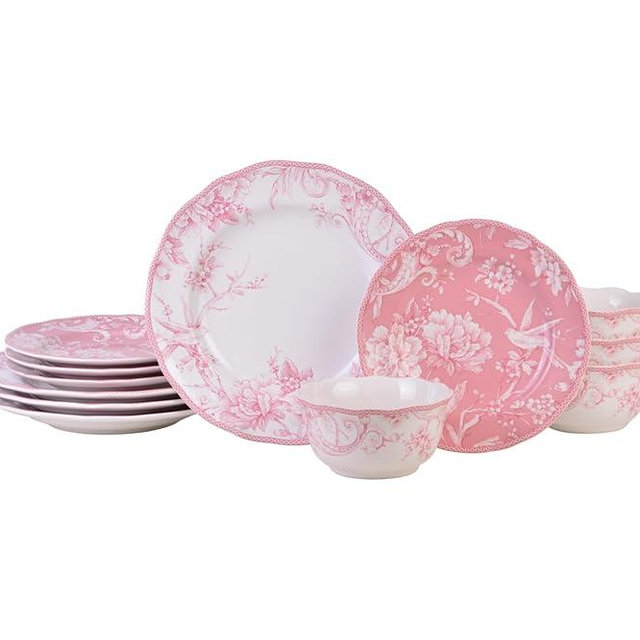 222 Fifth Adelaide Blush 12-Piece Pink Porcelain Dinnerware Set – Service for 4, Plate & Bowl Set, White with Pink Floral Pattern, for Daily Dining & Entertainment, Microwave & Dishwasher Safe