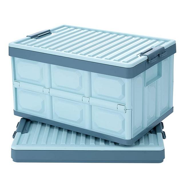 JUJIAJIA Blue Folding Plastic Stackable Utility Crates 2-Pack, Collapsible Storage Bins with Lids 30L, Durable Containers for Home & Garage Organization