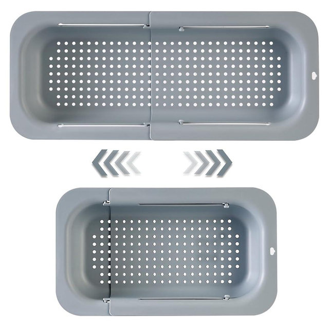 YUNKWONG Extendable Sink Colander Strainer Basket - Wash Vegetables and Fruits, Drain Cooked Pasta and Dry Dishes - Adjustable Over the Sink Colander Collapsible Drainer Basket -Gray