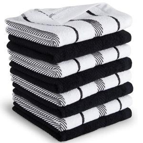 KitchenAid Albany Dishcloth 8 Pack Set, Matte Black/White, 12"x12"