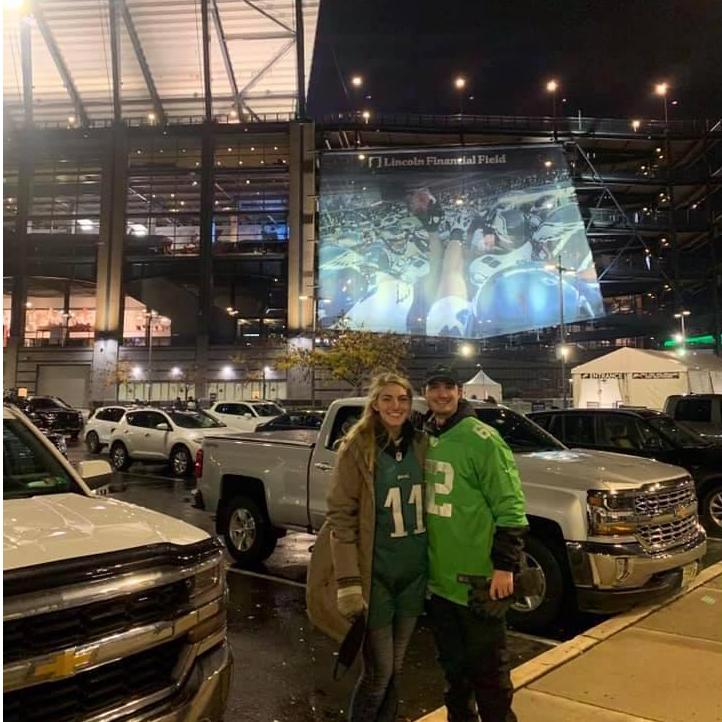 Pretending to be Eagles fans at Amelia's very first NFL game.
