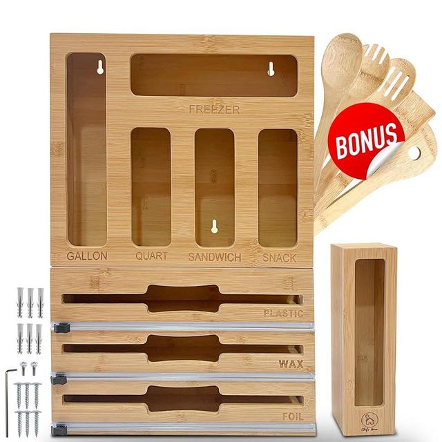 Chef's Haven 9 IN 1 Ziplock Bag Organizer, Foil and Plastic Wrap Organizer with Cutters, Bamboo Kitchen Baggie Organizer for Drawer, Pantry & Countertop, Storage for Gallon, Quart, Sandwich, Snack Bag