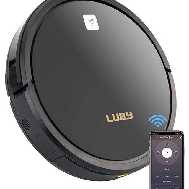 Luby Robot Vacuum Cleaner with Powerful 1600PA Suction Wi-Fi Connectivity, Self-Charging, Super-Thin, Quiet, Cleans for Pet Hair, Hard Floors, Low-Pile Carpets, Black