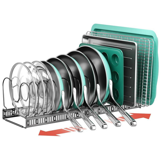 ORDORA Pots and Pans Organizer Under Cabinet, Expandable 11.8"-22.8" Pot Lid Holder with 14 Adjustable Dividers, Pan Organizers inside Cabinet for Kitchen Cookware Bakeware, Black