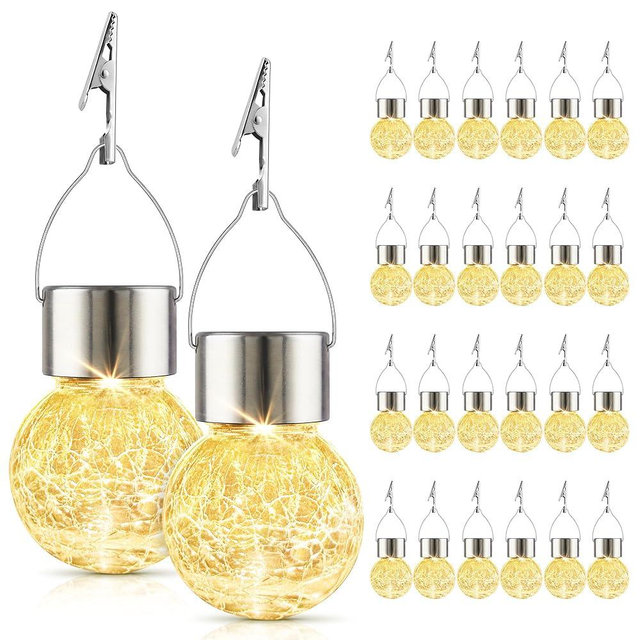 Solar Lights Outdoor Hanging Decorative Globe 24 Pack, Waterproof Solar Lantern with Handle and Clip, Solar Powered Glass Ball Lights for Garden Yard Fence Tree Umbrella Holiday Décor, Warm White