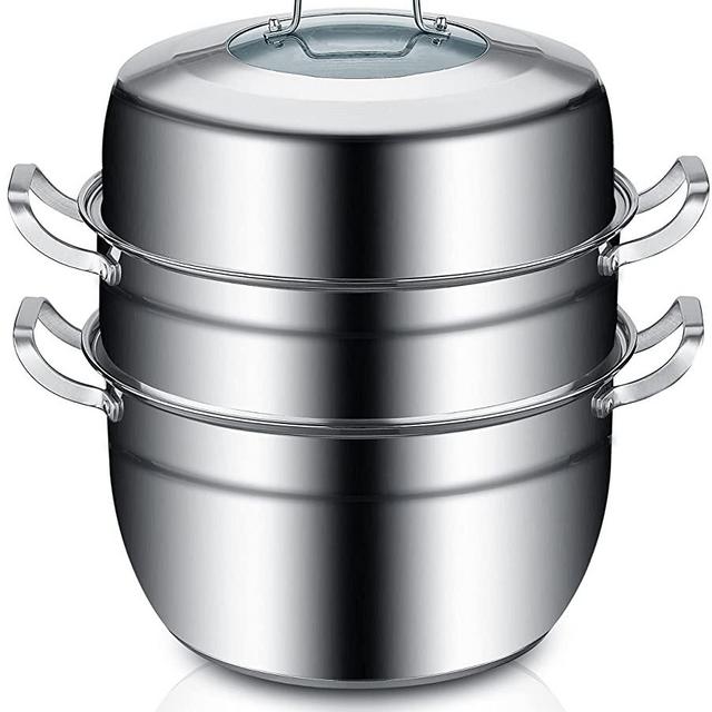Thick-bottomed Stainless Steel Steamer Pot 2 Tier Food Steamer for Cooking Multipurpose Cookware with Tempered Glass Lid for Vegetable, tamale,Dumpling, egg, Sauce, Food (11 INCH)