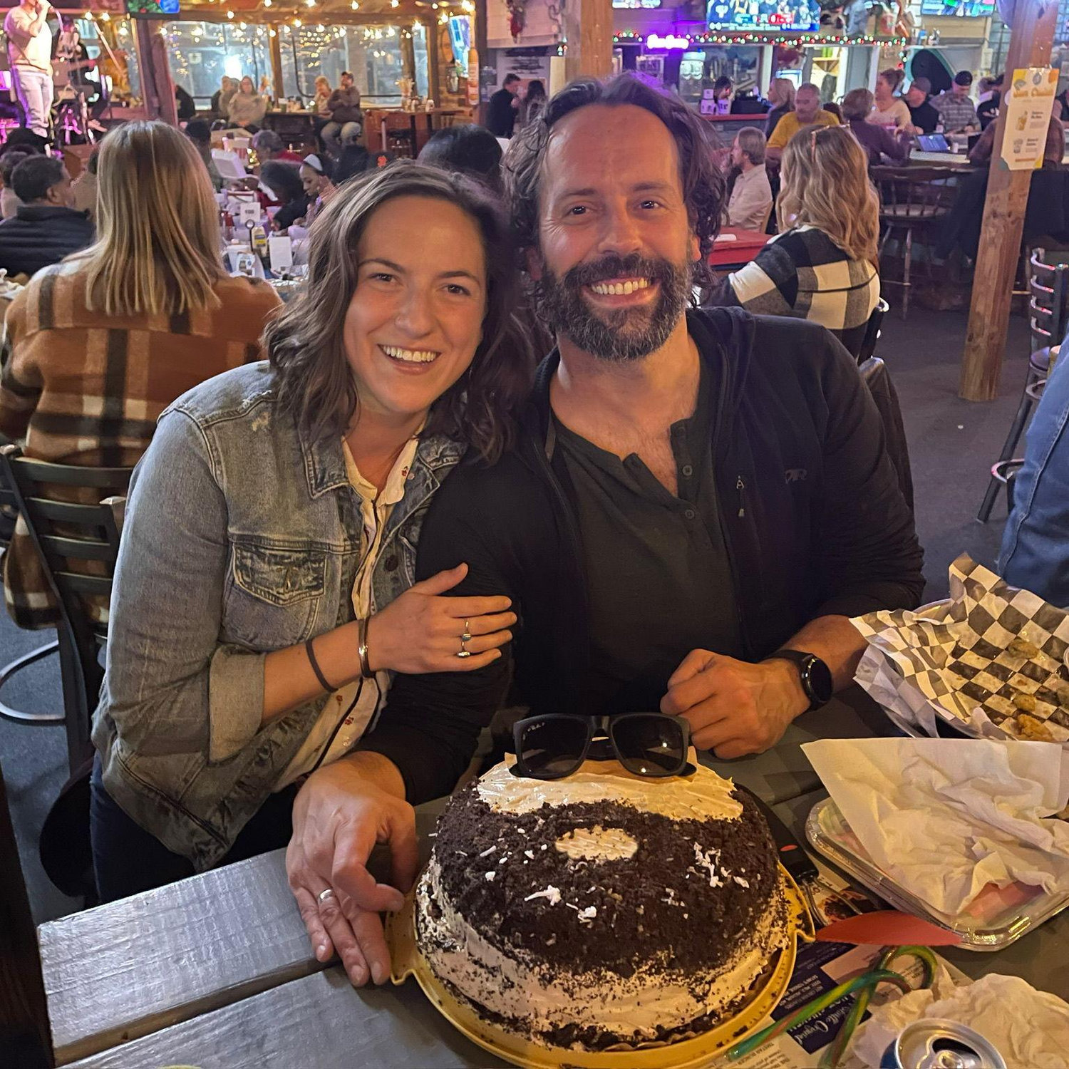 Happy birthday, Tyler! (Elizabeth almost toppled her grand creation - the cake - on the way to Tyler's gig.)
