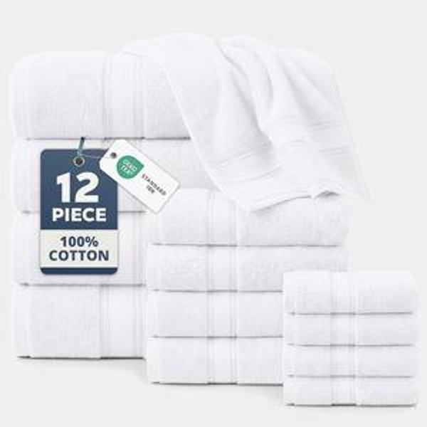 LANE LINEN 100% Mercerized Cotton Bath Towels Set of 12 – Zero Twist, 4 Bath, 4 Hand Towel & 4 Washcloths, Soft, Ideal for Spa Hotel & Home, Durable After Multiple Washes – White Towels