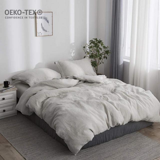 Simple&Opulence 100% Stone Washed Linen Solid Color Basic Style King Queen Twin Full Duvet Cover Sets (Linen, Queen)