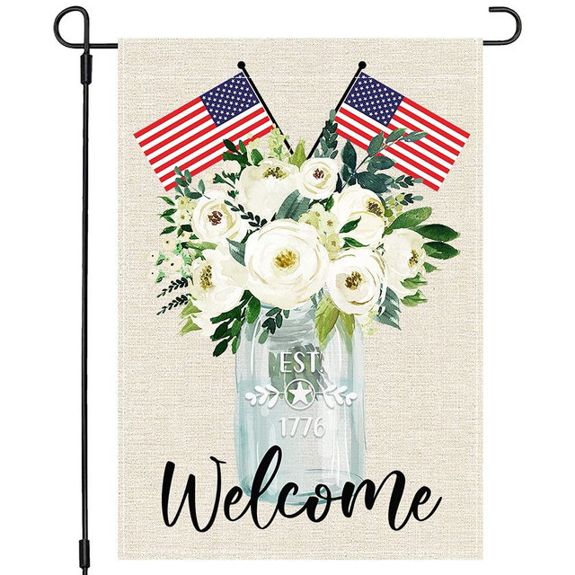 PANDICORN 4th of July Patriotic American Flag Floral Flowers Welcome Garden Flag 12x18 Double Sided Mason Jar Greenery US Flag Small Vertical Memorial Independence Day Yard Flag for Outside Decor