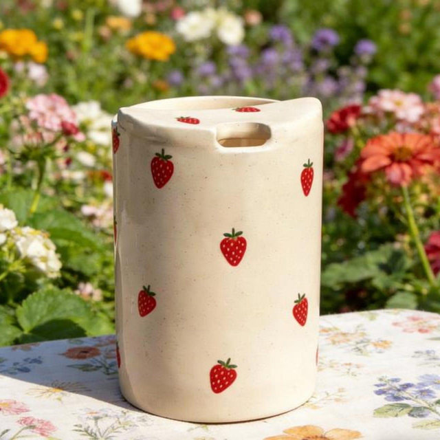 Hand-Painted Strawberry Travel Mug, Handmade Ceramic Coffee Tumbler, Pottery To Go Mug, Birthday & Holiday Gift for Her