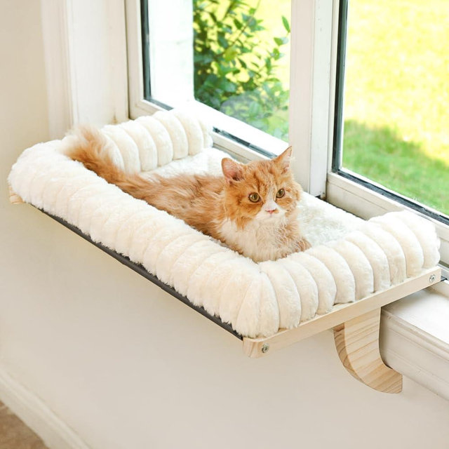valigogo Cloud-Soft Cat Window Sill Perch with Zipper Designed Cushioned Bed, Supportive Cat Window Seat with Premium Solid Wood & Sturdy Metal Frame, Pet Hammock Bed for Large Cats (Large, White)