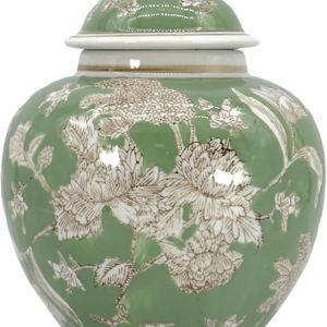 Green & White Floral Chinoiserie Ginger Jar 10" with Lid - Ginger Jar, Tea Storage, Decorative, Home Decor Jar