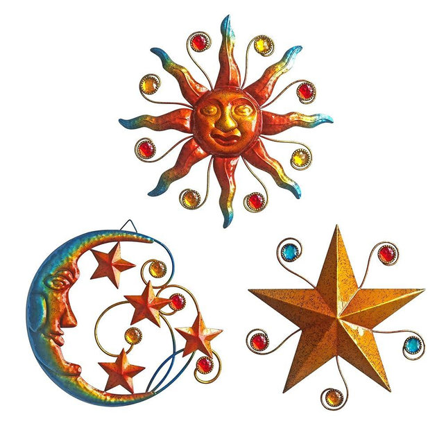 Limygus Metal Wall Art Sculpture, Set of 3 - Celestial Wall Decoration - Sun Moon Star Decorative Silhouette - Waterproof Wall Hanging Decor for Home Office, Bedroom, Bathroom, Living Room