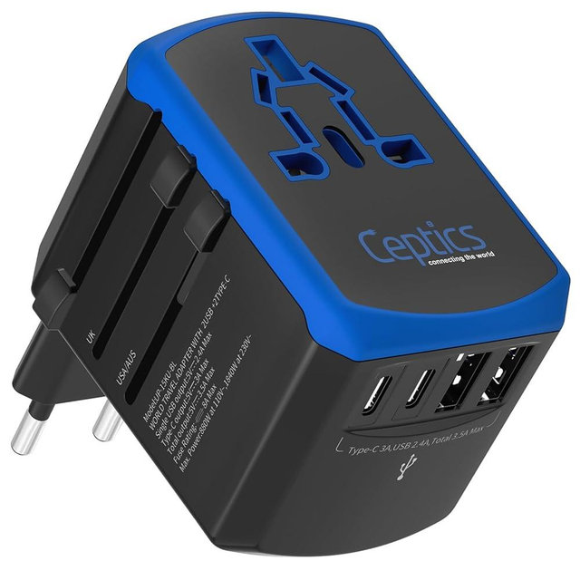 Ceptics Universal Travel Adapter, 5 in 1 Universal Laptop Charger with 2X USB-A & USB-C 3.5A for Mobiles, Laptops, Cameras US, UK, EU, AU, All in 1 Type A, C, G, I Output,