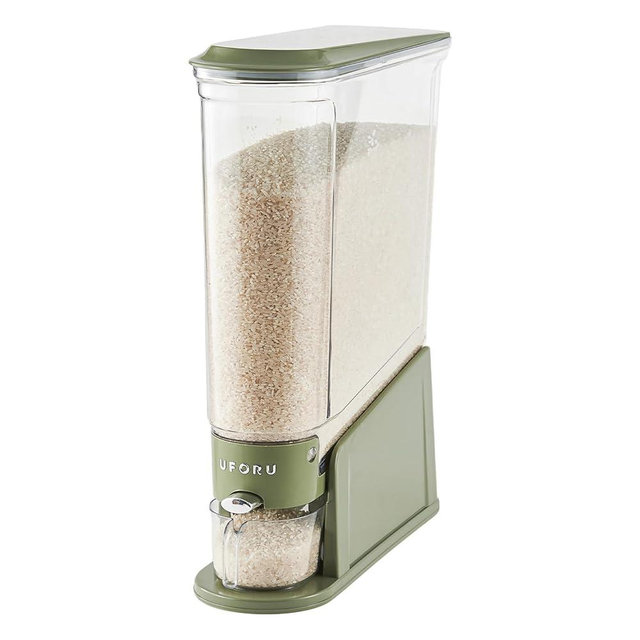 UFORU Rice Dispenser 22Lbs, Slim Rice Storage Container for Small Space, BPA-Free Clear Dry Food Dispenser Sealed Moisture Proof, Grain&Cereal Storage Bucket for Kitchen Pantry Household,Green