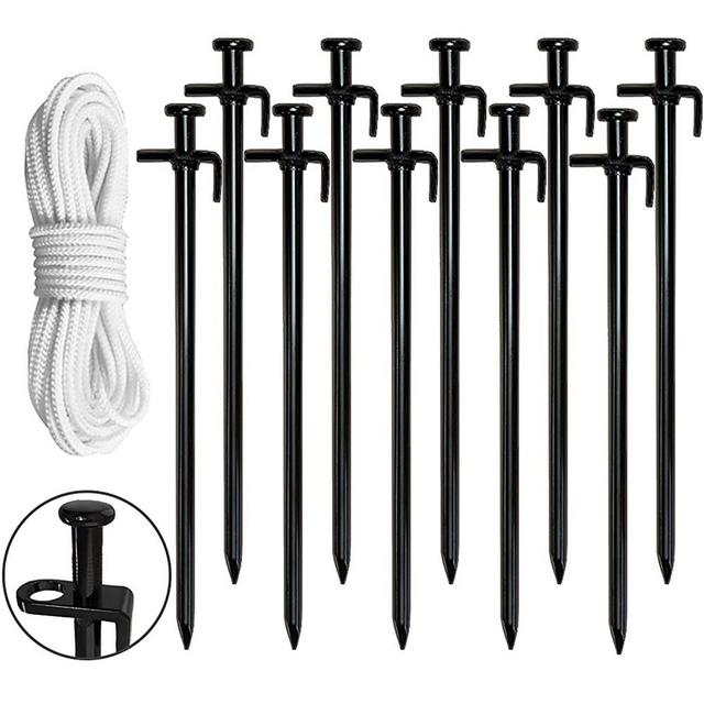 Eurmax 10PC Pack 12 inch Multiuse Heavy Duty Steel Tent Stakes Tarp Pegs Camping Stakes for Outdoor Camping Canopy and tarp with 4 Ropes 10FT Length