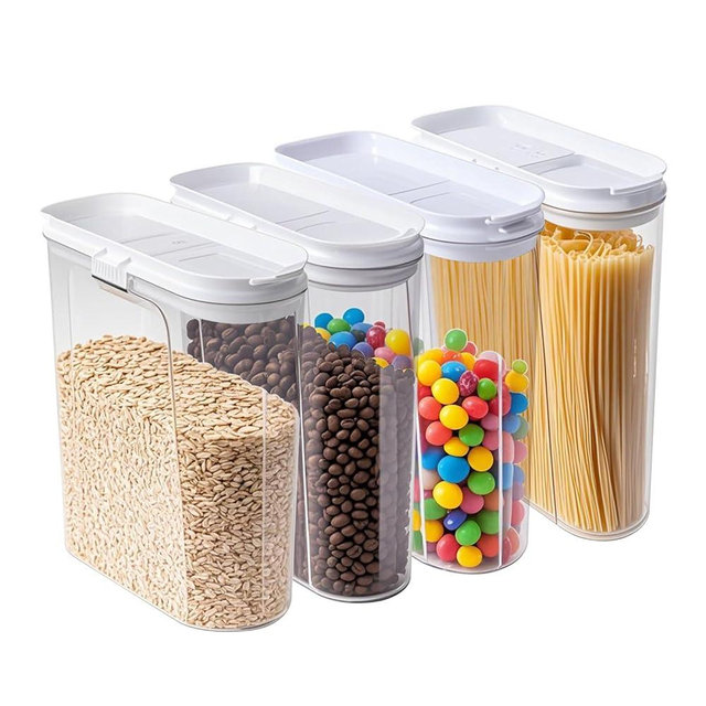 SUROQUE 4 Pack Airtight Food Storage Containers with Pour Spout, PET Plastic Pantry Canisters for Cereal Rice Flour Sugar, BPA-Free Kitchen Organizers, Sealed Dry Food Containers