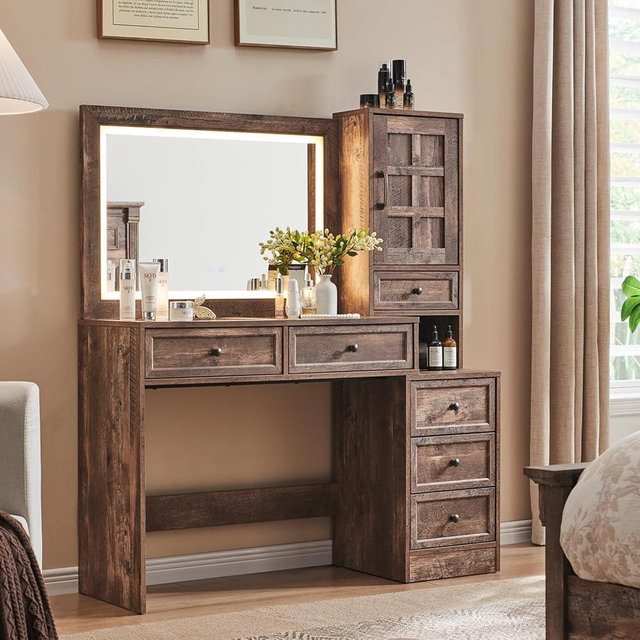 Aitjunz Farmhouse Vanity Desk with Touch Screen LED Mirror, 47" Big Make Up Table with 6 Drawers, Glass Top, Charging Station, Rustic Wood Dressing Table w/3 Color Available, Light Brown
