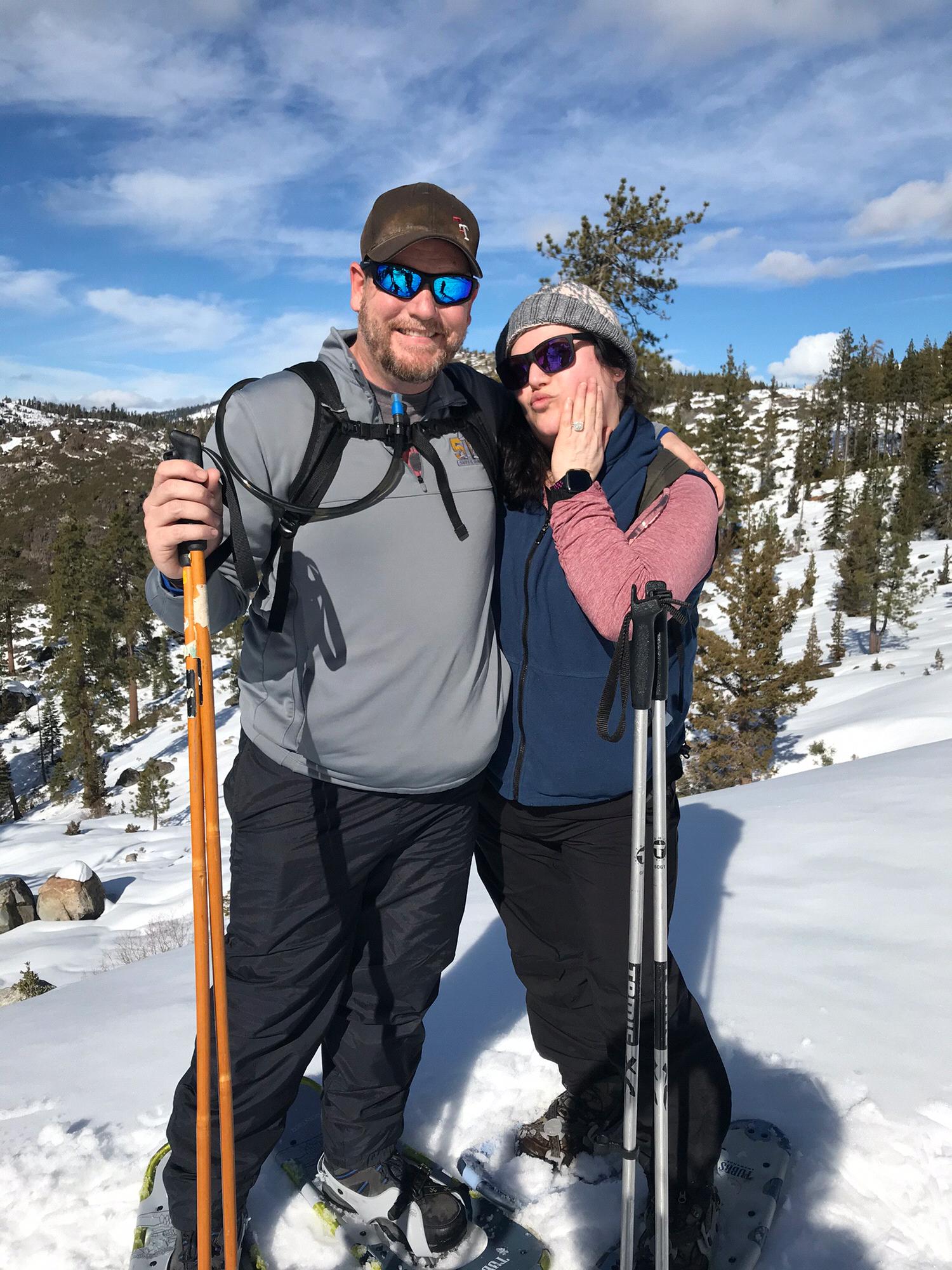 2020: Snowshoeing trip with the Adcock’s (pre-COVID). The on-going joke/challenge is how can Kimberly show off Sunshine (the ring’s name) in pictures.