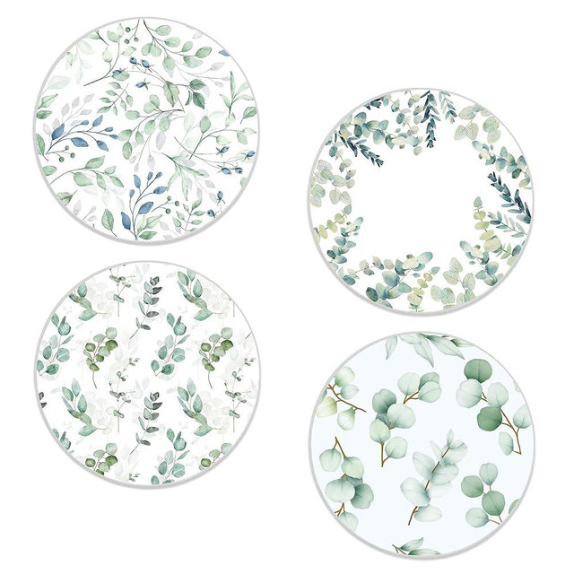 Drinks Coasters Set of 4, Green Plants Sage Round 4" Cup Coasters, Absorbent Ceramic Stone Coasters with Cork Base, Cute Coasters for Table Home Décor, Ideal Gifts for Women Men
