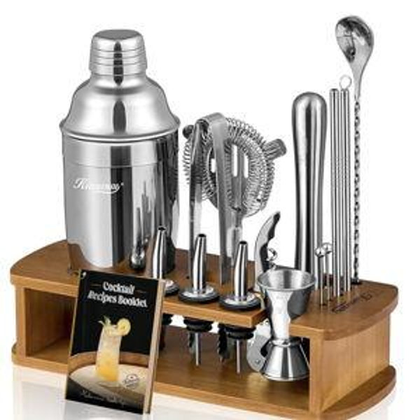 KITESSENSU Cocktail Shaker Set Bartender Kit with Stand | Bar Set Drink Mixer Set with All Essential Accessory Tools: Martini Shaker, Jigger, Strainer, Mixer Spoon, Muddler, Liquor Pourers |Silver
