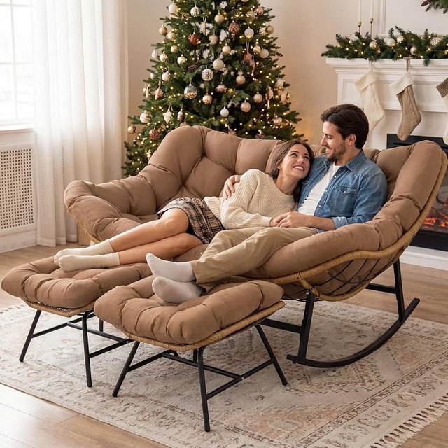 RADIATA Double Papasan Rocking Chair with Ottomans, Oversized Egg Rocking Chairs for 2, Large Wide Loveseat Recliner with Comfy Cushion for Indoor Outdoor Patio Garden, 700 Lbs Weight Capacity Brown