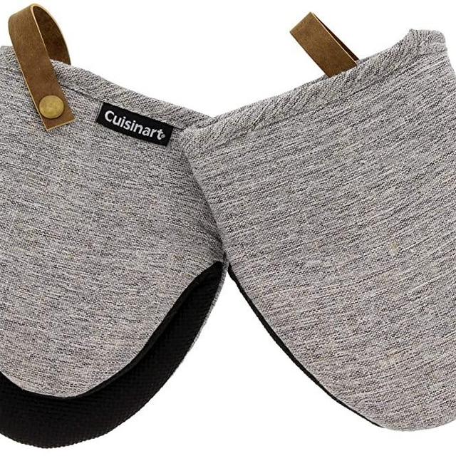 Cuisinart Chambray Neoprene Mini Oven Mitts, 2pk - Heat Resistant Kitchen Gloves to Protect Hands, Non-Slip Grip, Faux Leather Loop - Ideal Set for Handling Hot Cookware, Bakeware - Gray
