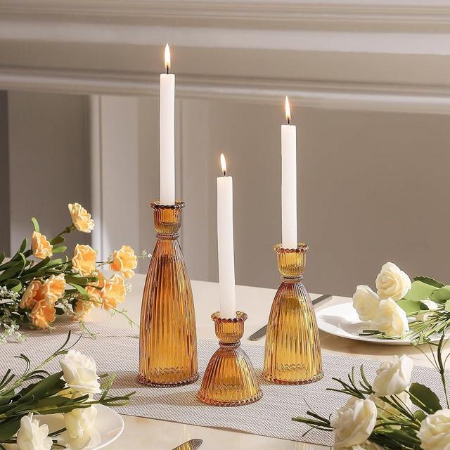 Joyfice Vertical Stripe Candlestick Holders Set of 3, Premium Glass Candle Holders for Candlesticks and Taper Candles, Vintage Candle Holder Decor for Table Centerpiece, Amber
