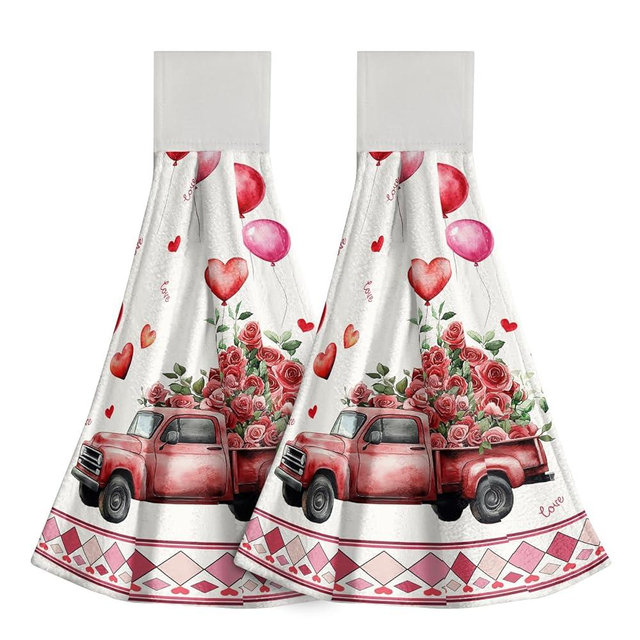 Giwawa Watercolor Valentine Truck Hand Towel Rose Flowers Kitchen Tie Towels Red Heart Towel with Hanging Loop
