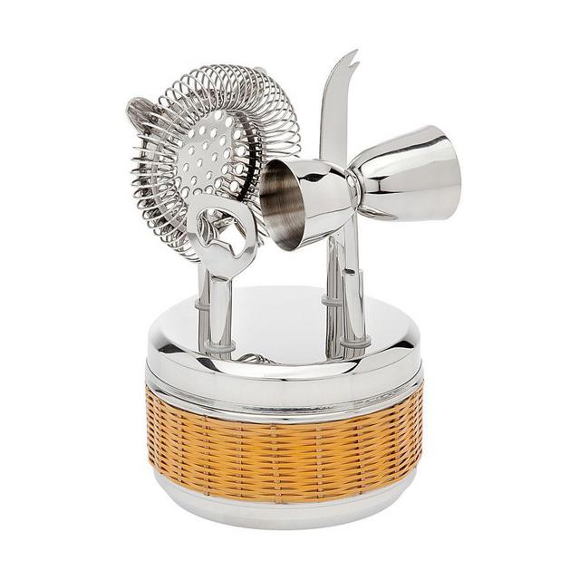 Amalfi 5-Piece Rattan Bar Tool Set (Stand, Double Jigger, Strainer, Bottle Opener, Bar Knife)