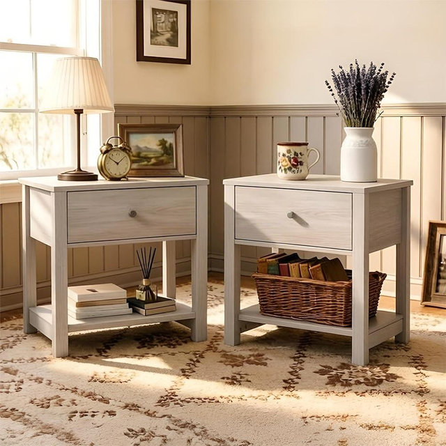 White Nightstand Set of 2, Modern Nightstand Bedside Table with Drawer and Large Storage Shelf, End Tables Side Tables for Bedroom, Mesa de Noche for Small Spaces