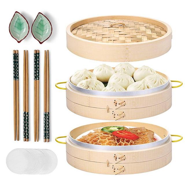 MacaRio 10 Inch Handmade Natural Bamboo Steamer, 2 Tier Baskets with Side Handles & Banding, 4 Sets Chopsticks 2 Sauce Dishes 50 Paper Liners, Healthy Cooking for Dim Sum Dumplings, Buns, Seafoods