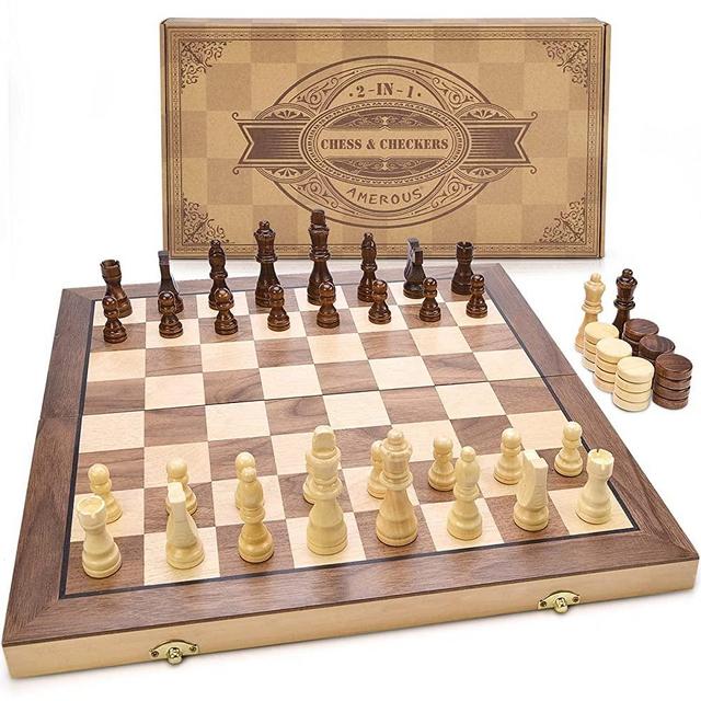 AMEROUS 15'' Magnetic Wooden Chess & Checkers Game Set -2 Extra Queens -24 Cherkers Pieces -Folding Board -Chessmen Storage Slots, Beginner Chess Set for Kids and Adults, Classic 2 in 1 Board Games