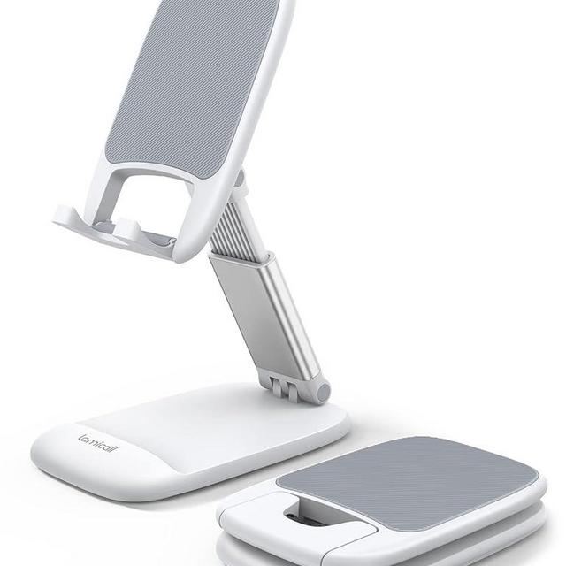 Lamicall Foldable Phone Stand for Desk - Height Adjustable Cell Phone Holder Portable Cellphone Cradle Desktop Dock for iPhone 13 Pro Max Mini, 12 11 XR X 8 7 6 Plus SE, 4-8'' Smartphone - White