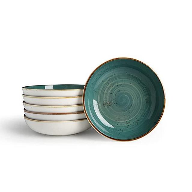 ONEMORE Pasta Bowl, 8.5 Inch Stoneware Low Bowl - Microwave, Oven and Dishwasher Safe/ Stackable and Easy to Clean/ Rustic and Modern Style Low Bowl (Set of 6, Teal)