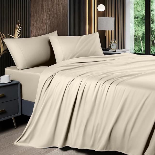 Shilucheng 4 Piece Queen Sheet Sets, Cooling Sheets, Blend Rayon Derived from Bamboo, Deep Pocket Up to 16", Breathable & Soft Bed Sheets, Hotel Silky Bedding Set, Sand