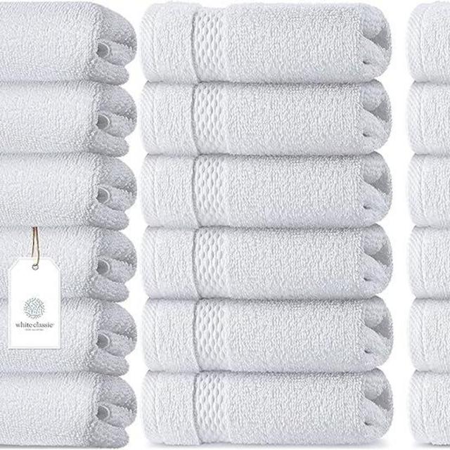 Luxury White Hand Towels | Set of 6 and WhiteClassic Luxury Cotton Washcloths | 12 Pack Bundle