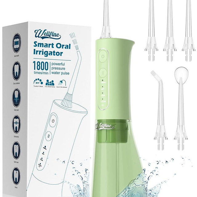 WELLFINE Water Dental Flosser Teeth Pick - 4 Modes Cordless Oral Irrigator 300ML Portable Rechargeable IPX7 Waterproof Powerful Battery Life Water Dental Piks for Cleaning for Home Travel (Green)