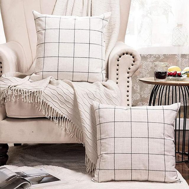 Basic Model Set of 2 Plaid Throw Pillow Covers Modern Farmhouse Decorative Square Linen Pillow Case for Sofa Couch Bed 20 x 20 Inch Beige and Black