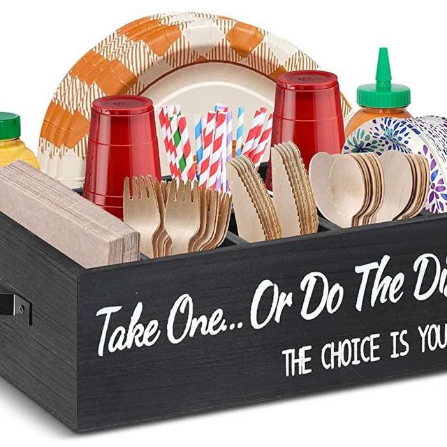 Kitchen Countertop Paper Plate Holders Utensil Caddy, Wood Utensil Holder Organizer for Plate Cup Fork Knives Spoon Napkin, Silverware Caddy Holder Condiment Caddy Organizer for Party Camping BBQ